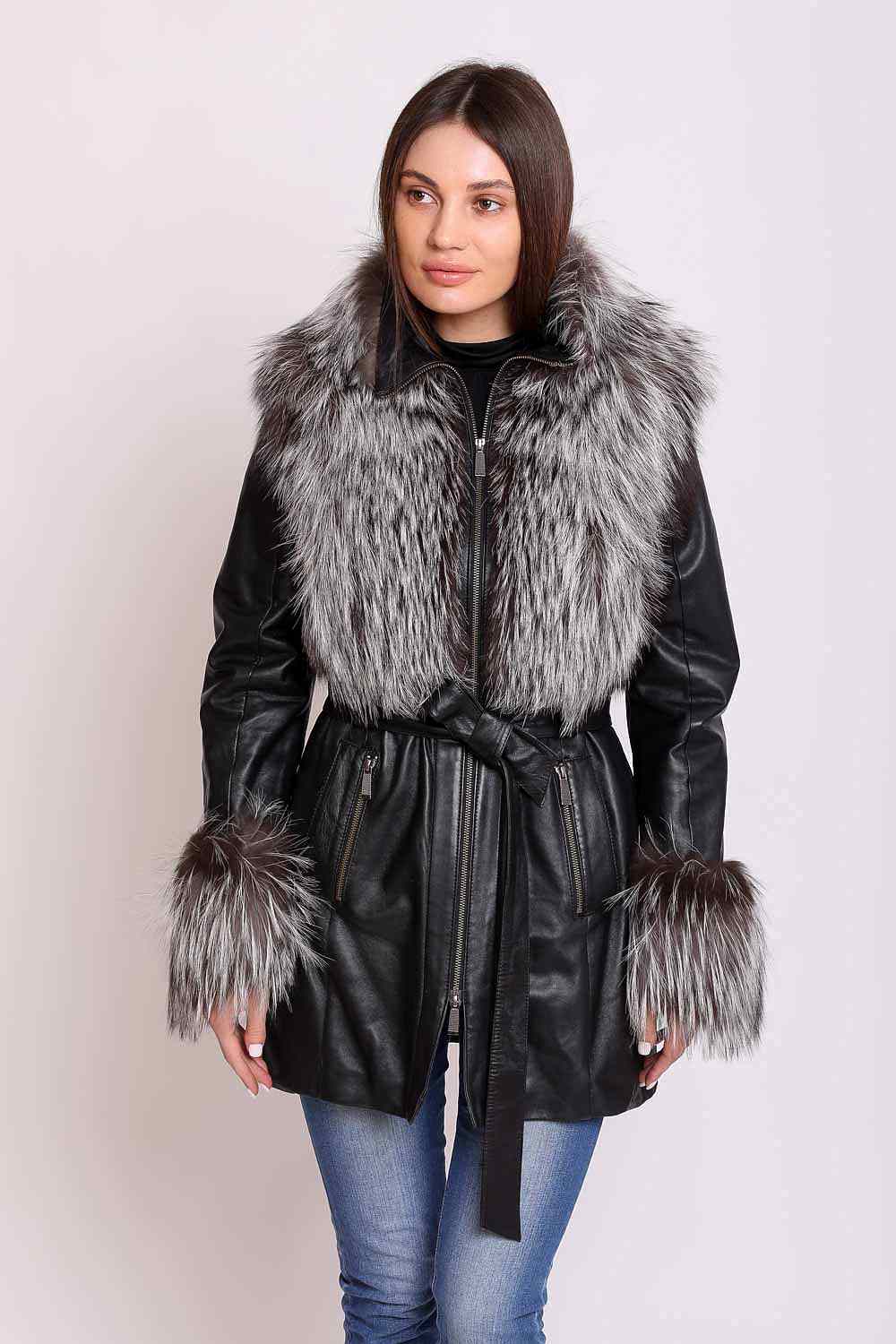 Женская кожаная куртка с отделкой чернобуркой 46549